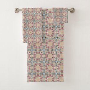 Red blue and cream colourful patterned bath towel set