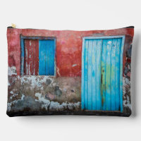 Red, blue and grey wall, door and window
