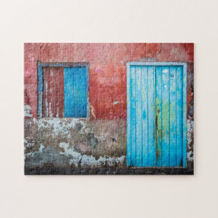 Red, blue and grey wall, door and window jigsaw puzzle