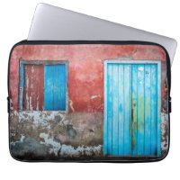 Red, blue and grey wall, door and window