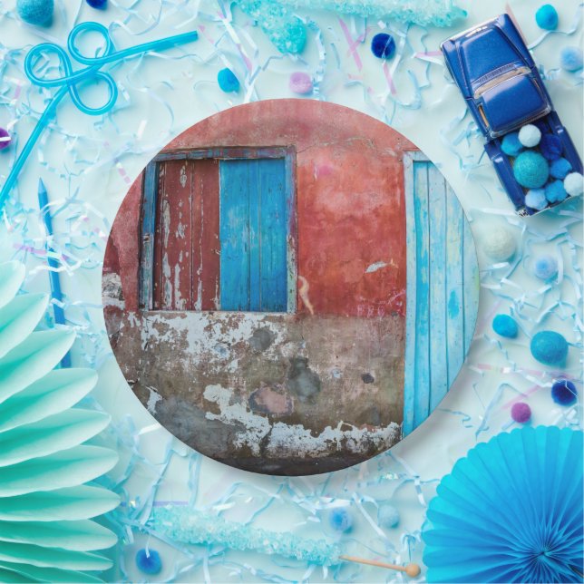 Red, blue and grey wall, door and window paper plate (Party)