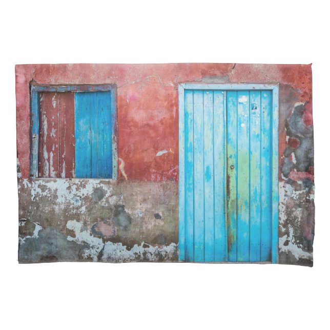 Red, blue and grey wall, door and window pillowcase (Front)