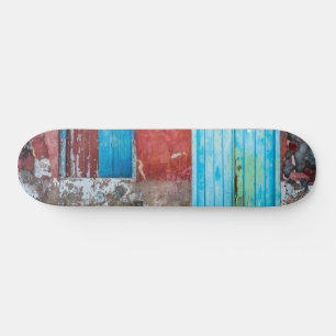 Red, blue and grey wall, door and window skateboard