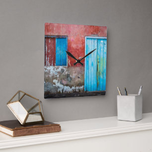 Red, blue and grey wall, door and window square wall clock