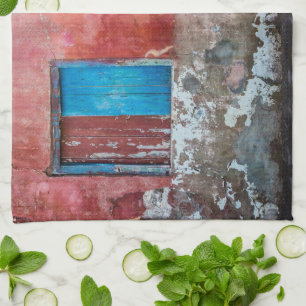 Red, blue and grey wall, door and window tea towel