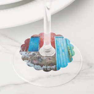 Red, blue and grey wall, door and window wine glass tag