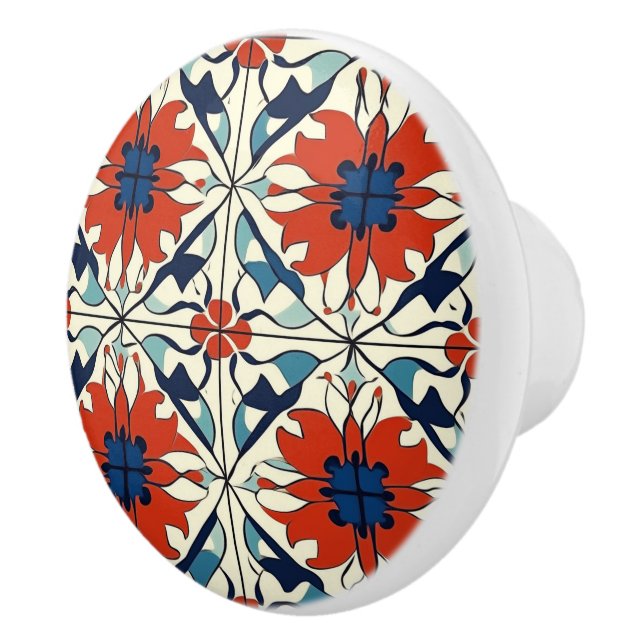 Red Blue and Off White Pattern  Ceramic Knob (Right)