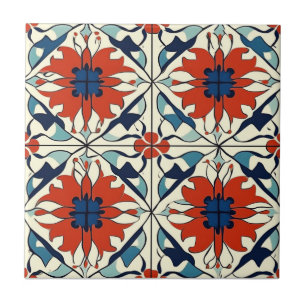 Red Blue and Off White Pattern Ceramic Tile