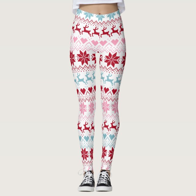 Red, Blue, And Pink Fair Isle Print Leggings (Front)