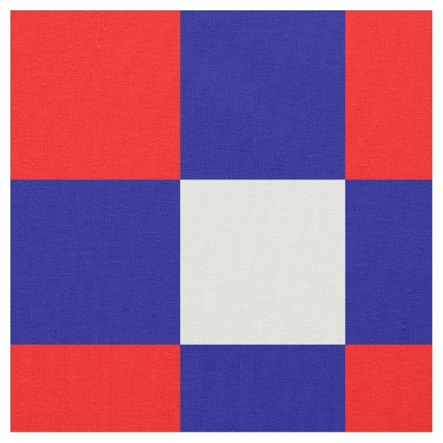 Red, blue and white chequerboard pattern fabric (Close Up)