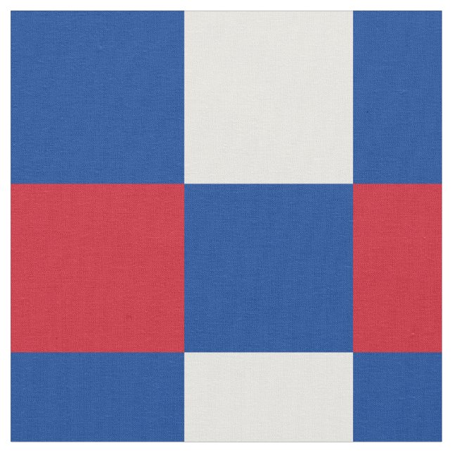 Red, blue and white chequerboard pattern fabric (Close Up)