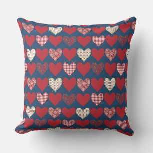 Red, Blue and White Hearts on Midnight Blue Cushion