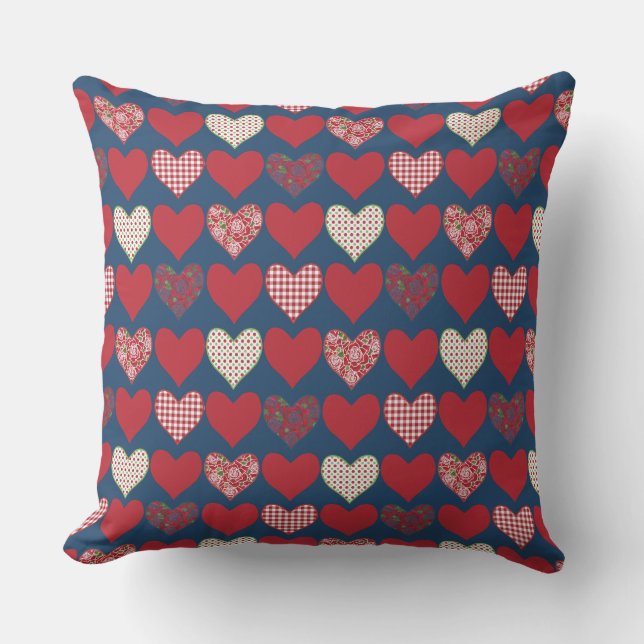 Red, Blue and White Hearts on Midnight Blue Cushion (Front)
