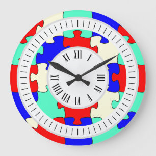 Red, Blue and White Jigsaw with Hours and Minutes Large Clock