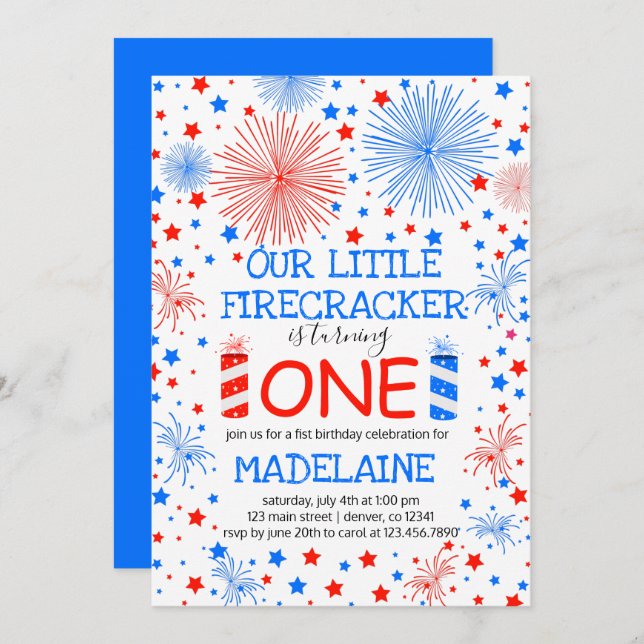 Red Blue and White Sparkles and Stars Birthday  Invitation (Front/Back)
