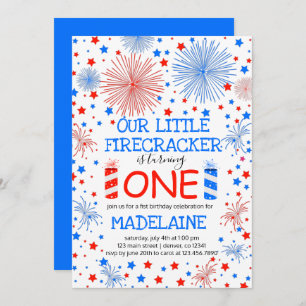 Red Blue and White Sparkles and Stars Birthday  Invitation