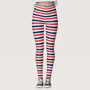 Red, blue and white stripes pattern leggings