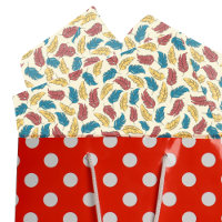 Red, Blue and Yellow Cartoon Feathers on Cream