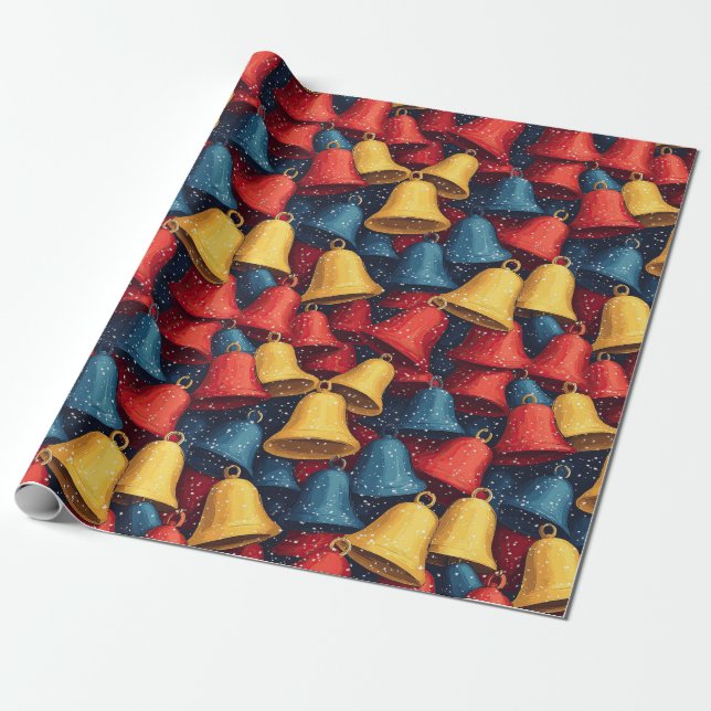 Red, Blue and Yellow Christmas Bells Wrapping Paper (Unrolled)