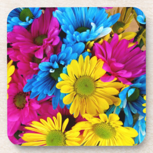 red, blue and yellow daisies square coaster