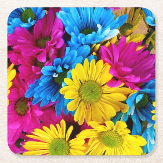 red, blue and yellow daisies square coaster (Front)