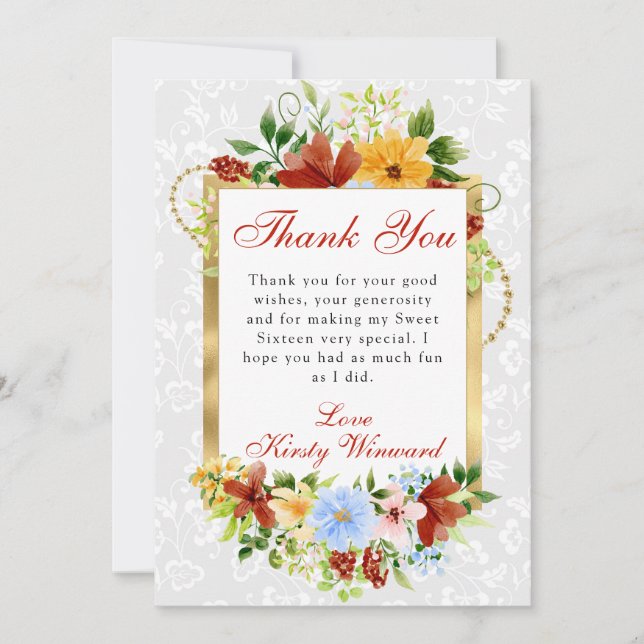 Red, Blue and Yellow Flowers Gold Sweet 16 Thank You Card (Front)