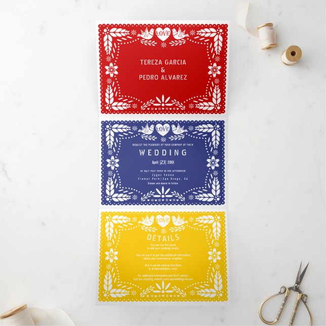 Red blue and yellow papel picado lovebirds wedding Tri-Fold invitation (Inside)