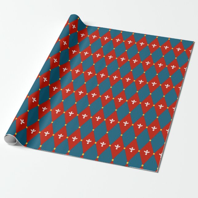 Red Blue Argyle or Diamond Motif Wrapping Paper (Unrolled)