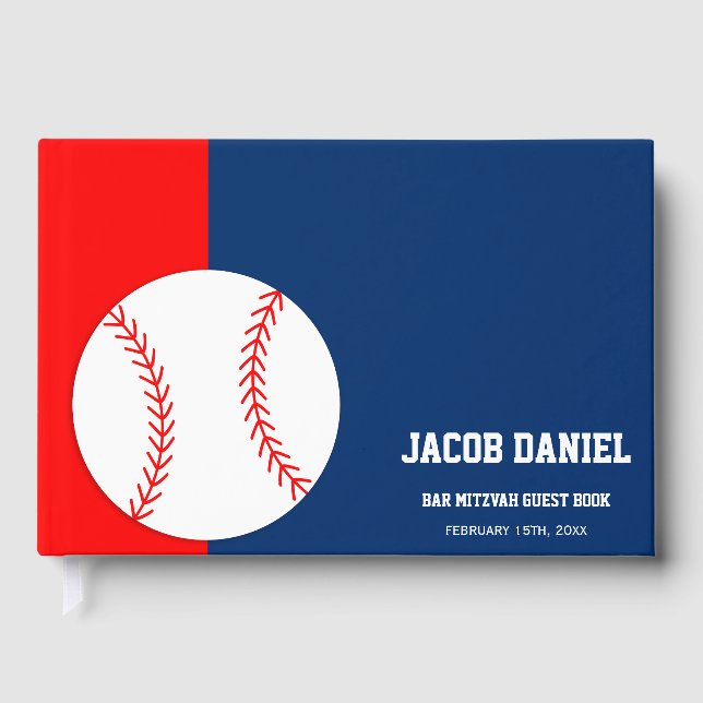 Red Blue Baseball Bar Mitzvah Guest Book (Front)