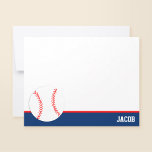 Red Blue Baseball Personalised Flat Card<br><div class="desc">Modern baseball flat note cards. Classic navy blue and red colour combination make this a traditional choice. Makes a great thank you note for a Bar Mitzvah or birthday party.</div>