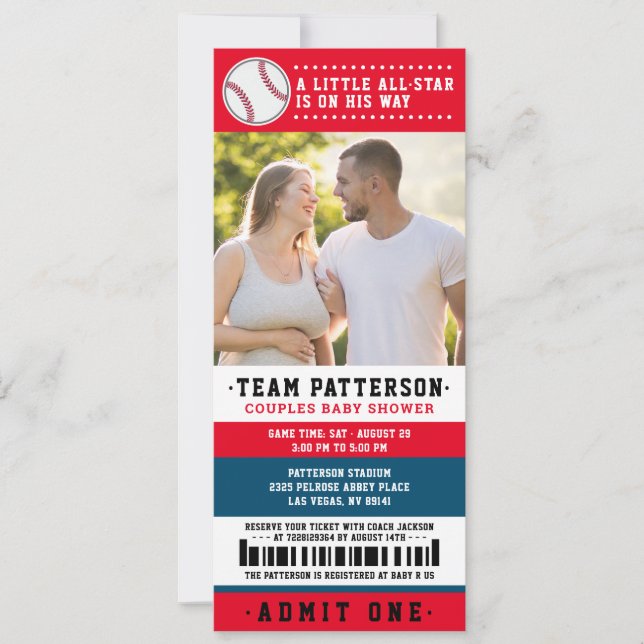 Red Blue Baseball Ticket Couples Baby Shower Photo Invitation (Front)