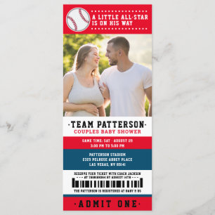 Red Blue Baseball Ticket Couples Baby Shower Photo Invitation