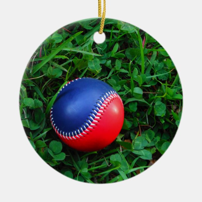 Red & Blue Baseball with White Stitching Ceramic Tree Decoration (Front)