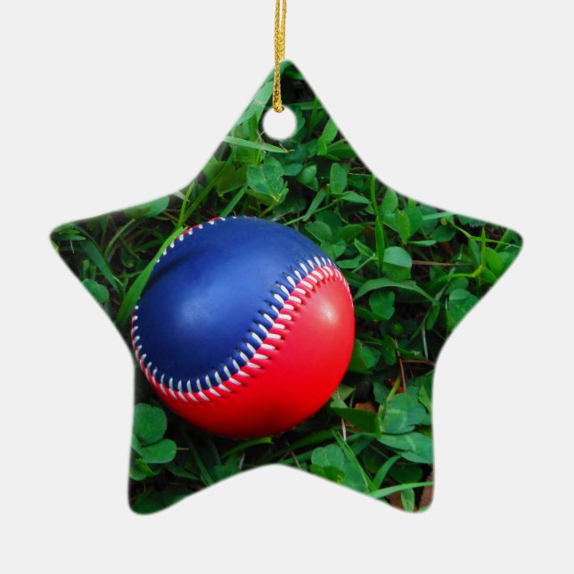 Red & Blue Baseball with White Stitching Ceramic Tree Decoration (Front)