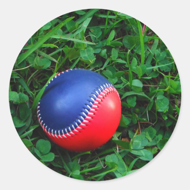 Red & Blue Baseball with White Stitching Classic Round Sticker (Front)