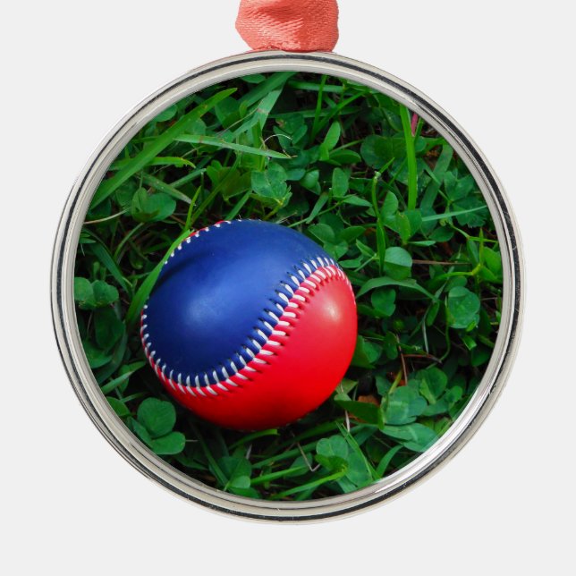 Red & Blue Baseball with White Stitching Metal Tree Decoration (Front)
