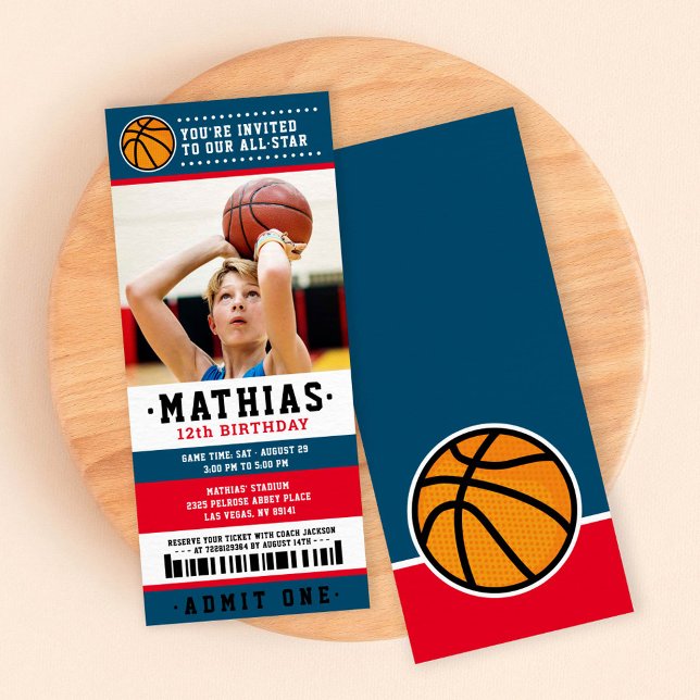 Red Blue Basketball Ticket Birthday Photo Invitation (Creator Uploaded)