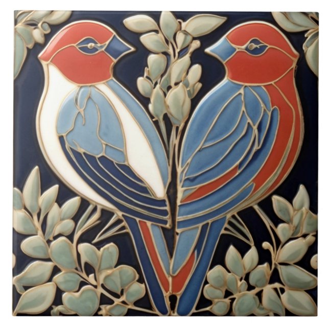 Red Blue Bird Couple - Art Nouveau Art Deco Birds Tile (Front)