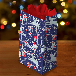 Red blue birds & reindeers Christmas gift bag