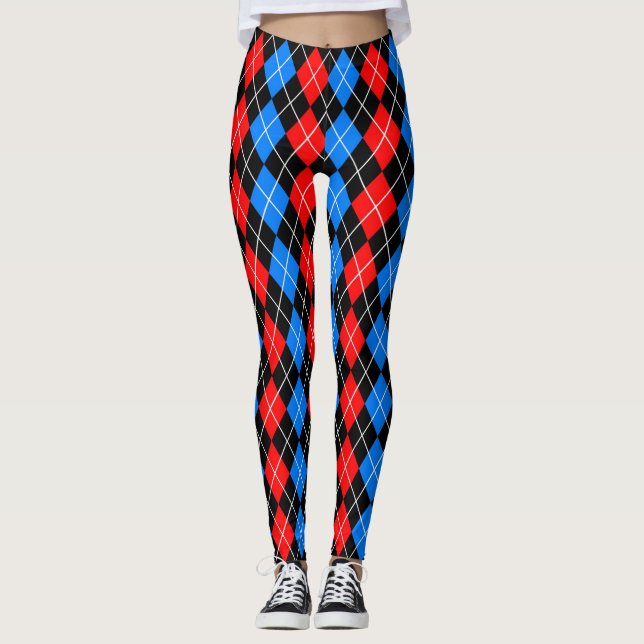 Red Blue Black Argyle Diamond Pattern Design  Leggings (Front)