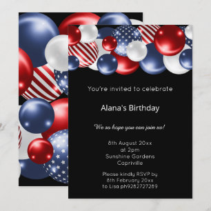 RED BLUE BLACK PATRIOTIC BALLOON BIRTHDAY INVITATION