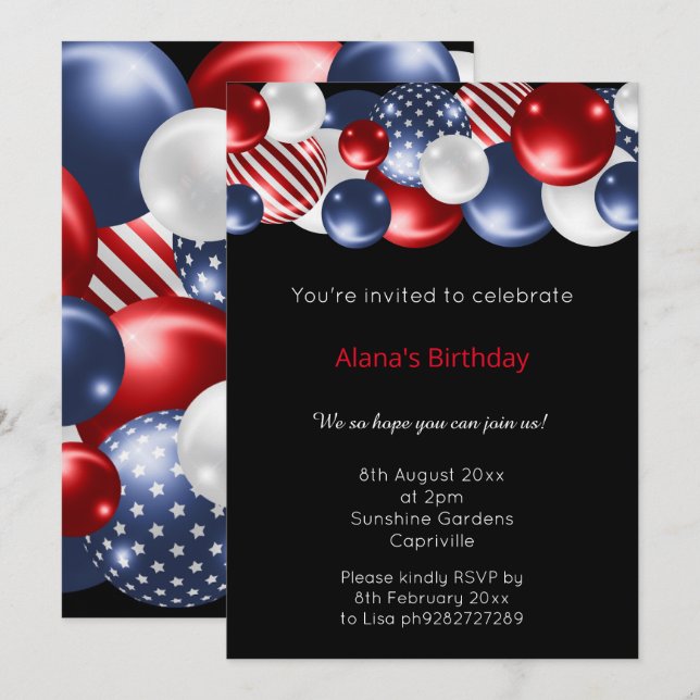 RED BLUE BLACK PATRIOTIC BALLOON  INVITATION (Front/Back)