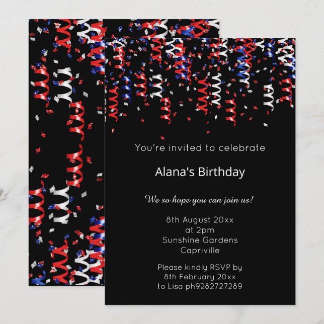 RED BLUE BLACK PATRIOTIC RIBBONS BIRTHDAY  INVITATION (Front/Back)