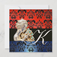 RED BLUE ,BLACK, WHITE DAMASK JEWEL MONOGRAM
