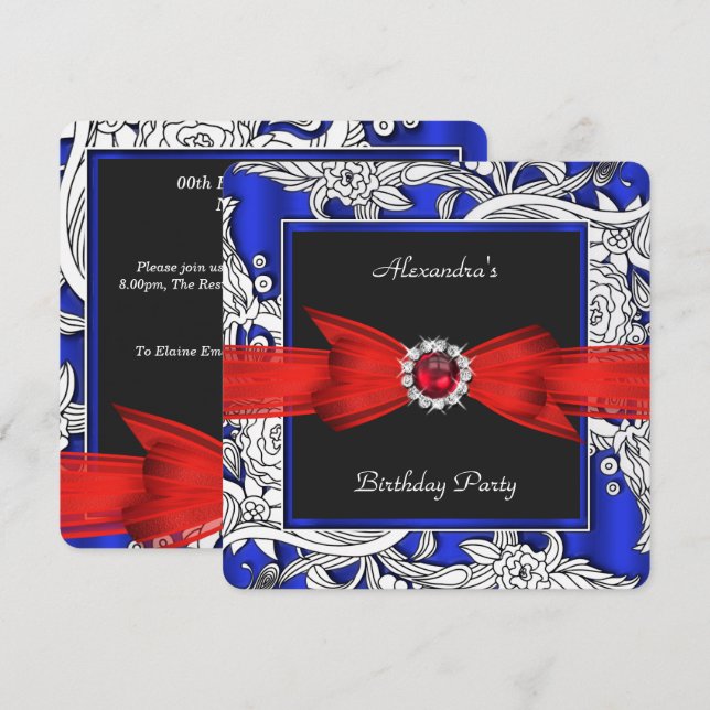 Red Blue Black White Floral Birthday Party Invitation (Front/Back)