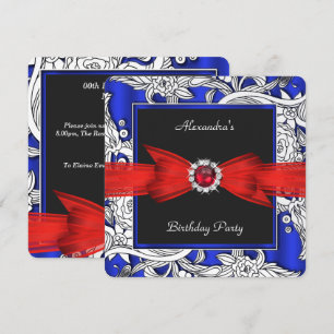 Red Blue Black White Floral Birthday Party Invitation