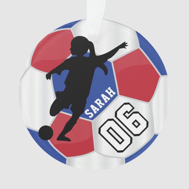 Red, Blue, Black & White Girl Soccer Player - DIY Ornament (Front)