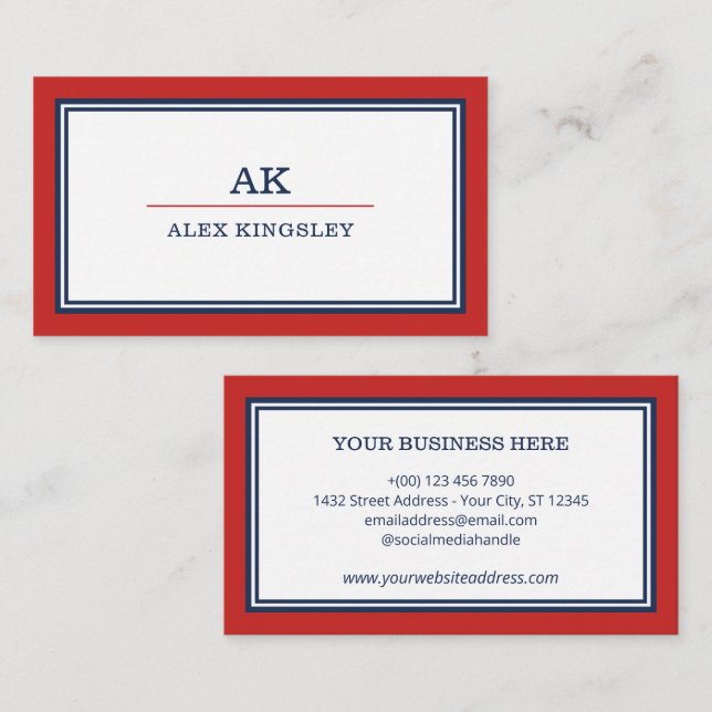Red Blue Border Monogrammed Business Card (Front/Back)