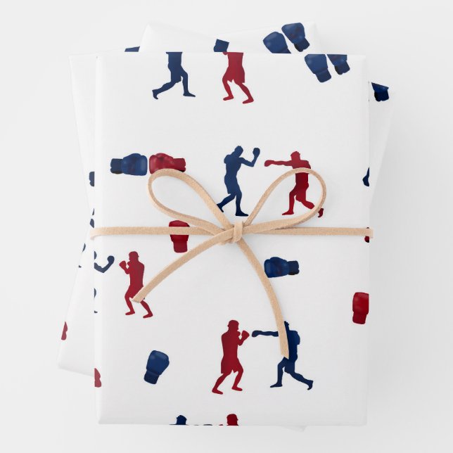 Red & Blue Boxing Gloves Boxer Pattern Wrapping Paper Sheet (In situ)