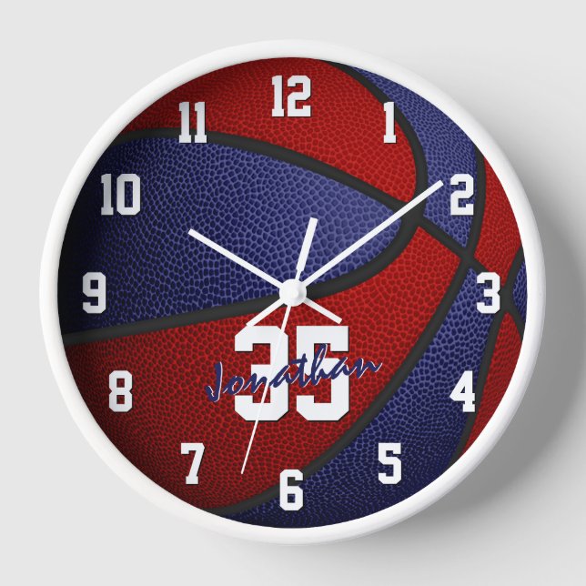 red blue boys girls basketball personalized clock (Front)